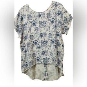 Terzo Millennio Top Women L Cream Blue Bloom Linen Blouse Lagenlook Resort